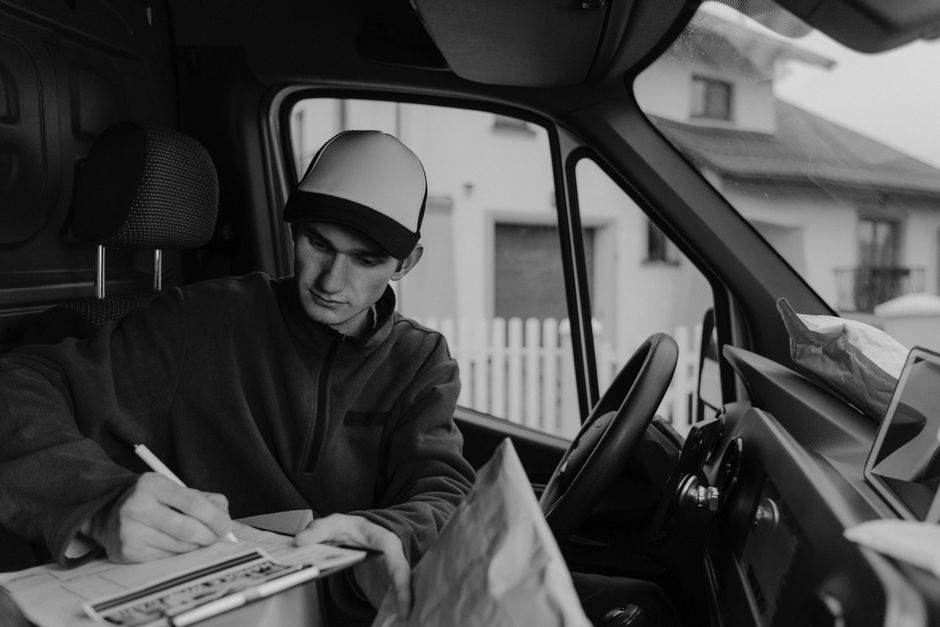 A person dressed in full protective personal equipment, including a white disposable coverall, gloves, face mask, and goggles, is standing beside a white cargo van with its rear doors open. Inside the
